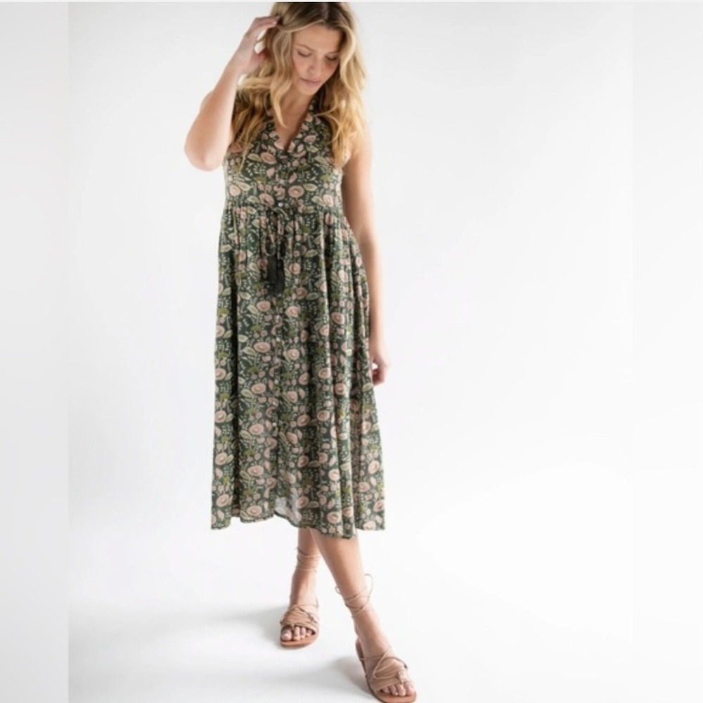 Natural Life Floral Cotton Midi Dress Sleeveless Button Front Green Pink Small - Picture 11 of 11